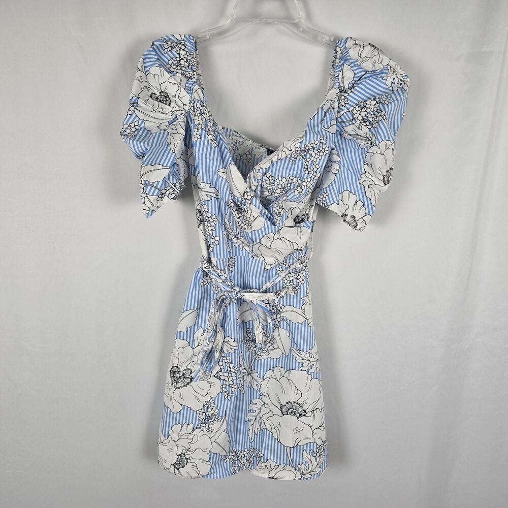 Blashe Dress Women's Small Blue White Floral Puff Short Sleeve Wrap Belted